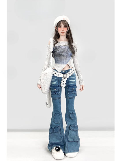 Y2K Vintage Hellblaue Low Waist Flared Denim Glamouröse Jeans mit Cargotaschen