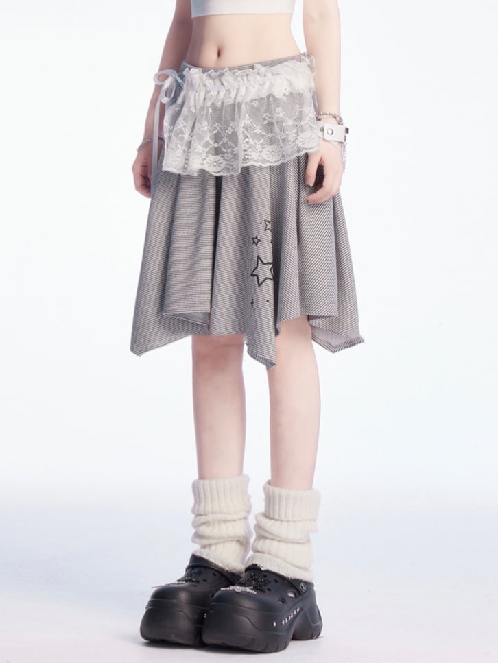 and Waist Asymmetrical Hem Low White Gray Star Print