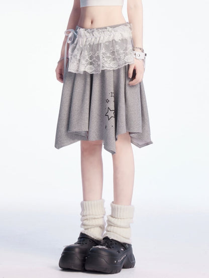 and Waist Asymmetrical Hem Low White Gray Star Print