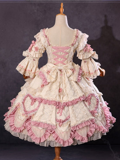 Beige Hanayome Rosette Stickerei Blumen und Perlenkette Lolita OP Komplettset