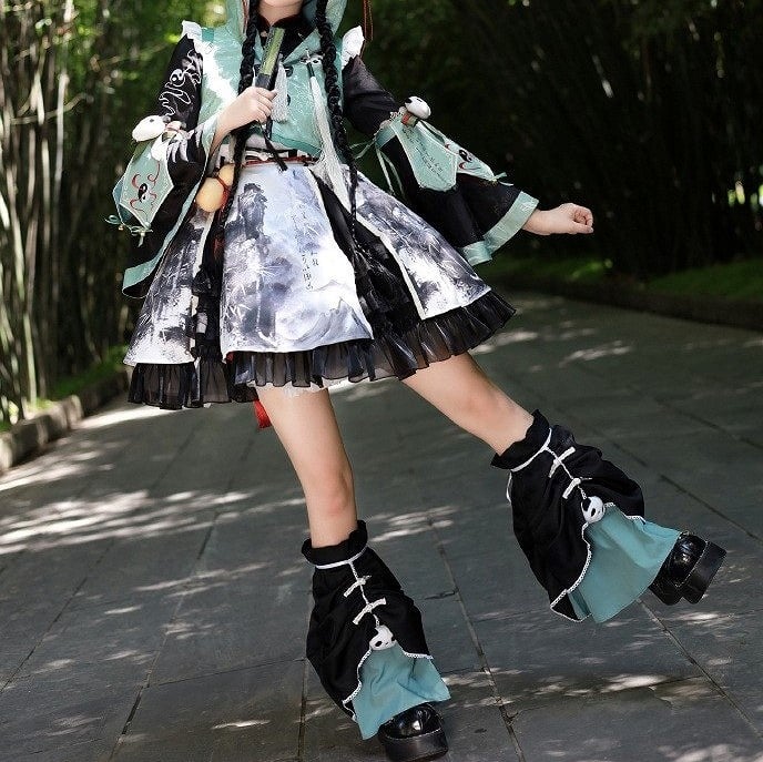 with Black Decoration Green Strapped Plush Panda and Leg Warmers