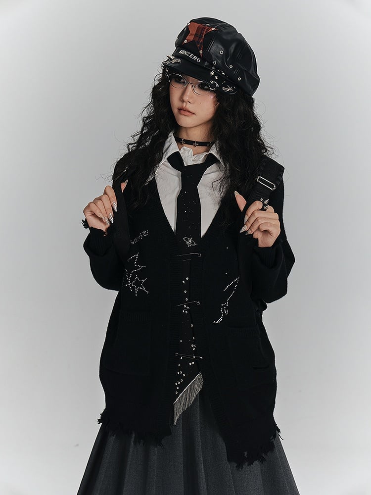 Cardigan Rhinestone Hem Placket Black Frayed V-Neck with Punk Three-Pin Knit
