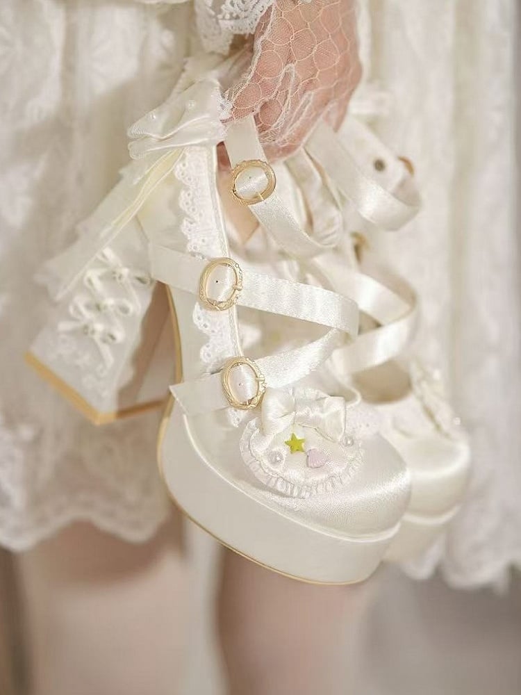 Apricot Sweet Lolita Heels, 11.5CM High Block Heel, Pearl & Shell Detail - Bad Bear