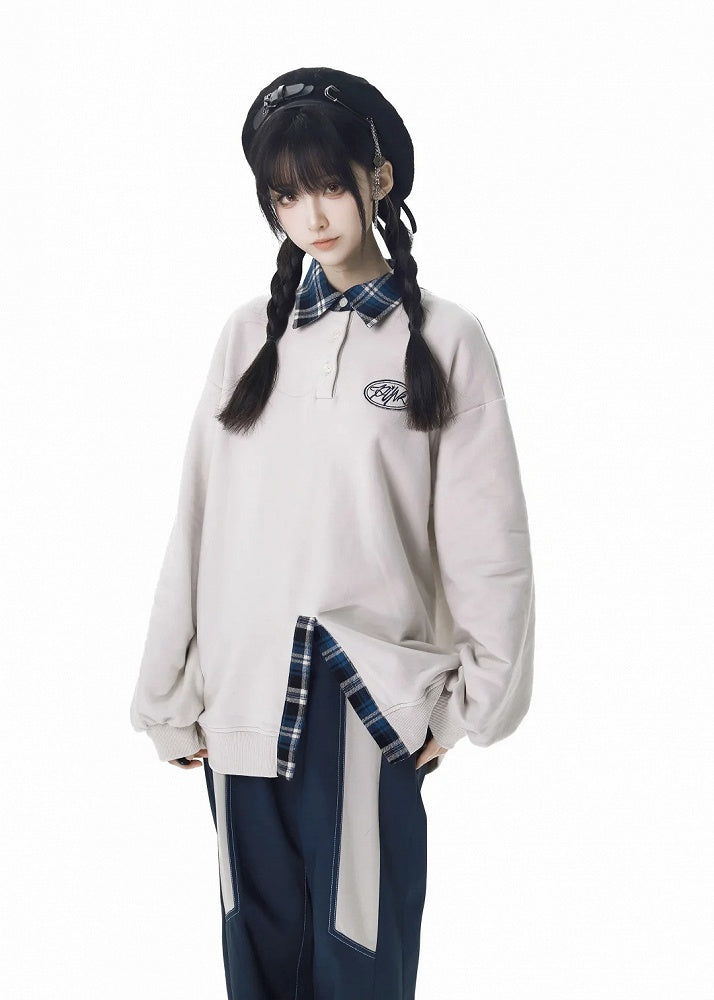 ポロカラーフェイクツーピースホワイトスウェットシャツ