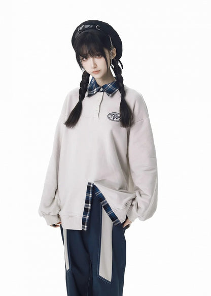 ポロカラーフェイクツーピースホワイトスウェットシャツ