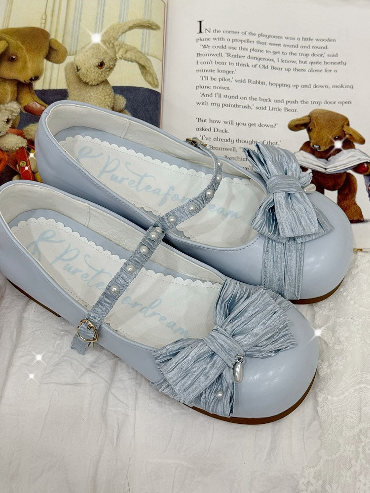 Blaue, mit Perlen verzierte Schuhe mit runder Spitze und Schleife und Herz-Licht-Lolita