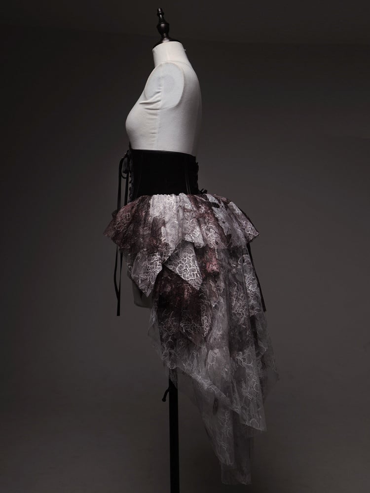 Print Black Red Bloodstain Gothic Lace Lolita Corset Boned with Train Belt