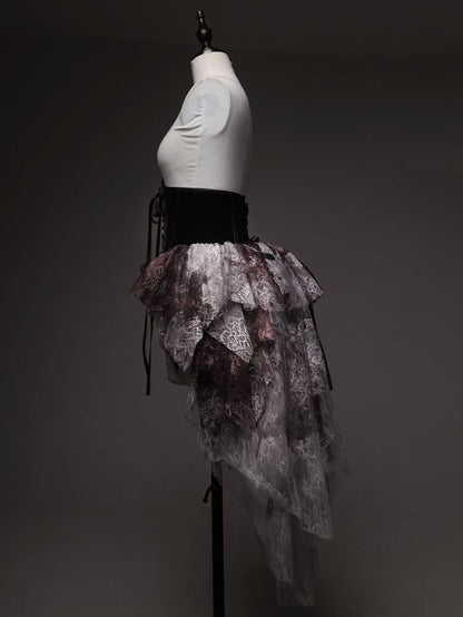 Print Black Red Bloodstain Gothic Lace Lolita Corset Boned with Train Belt