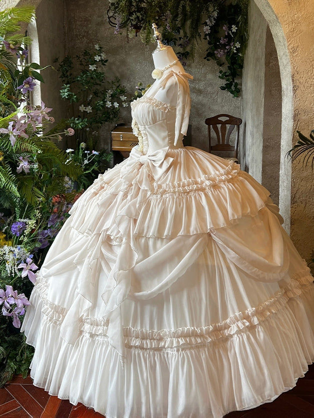 Dress Corset Gorgeous Waist Length Floor Flowers Apricot Gown Adorned Birthday