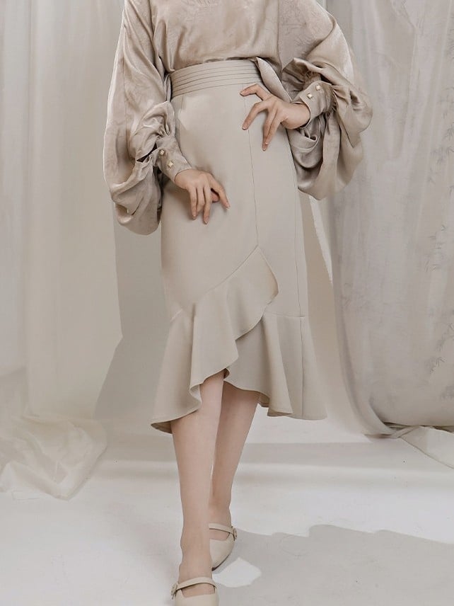 Skirt Mermaid Beige Chinese Partial Waist Style Ruffle Edge Elastic in