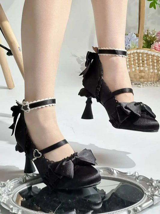 Heel Sculpted Mary Heart with Ruffle Trim Satin Lolita - Black Janes Crystal Elegant Closure