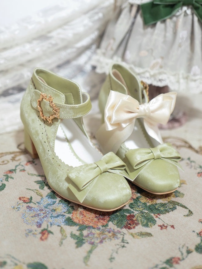 High Heel Green Decorative Block Bow - Shoes for Elegant Wear Accents