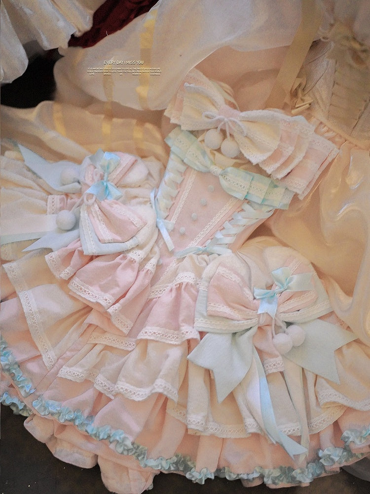 Mint Green Waist Pink Basque and Bowknots and Pompons Sweet Balletcore Puffy Lace-up Dress Decoration