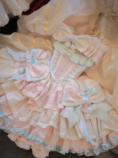 Mint Green Waist Pink Basque and Bowknots and Pompons Sweet Balletcore Puffy Lace-up Dress Decoration