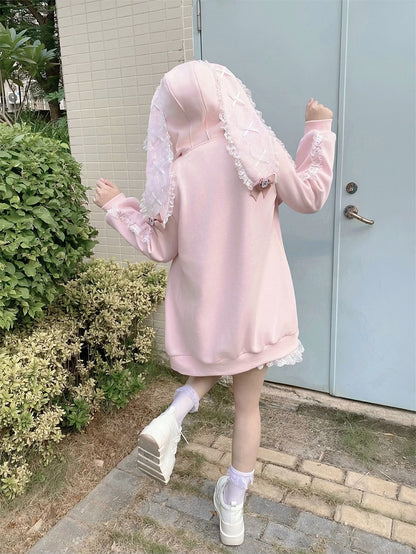Style Hoodie Bow Zip-up Lace Jirai | Light with Pink Ears Kei Details and Bunny