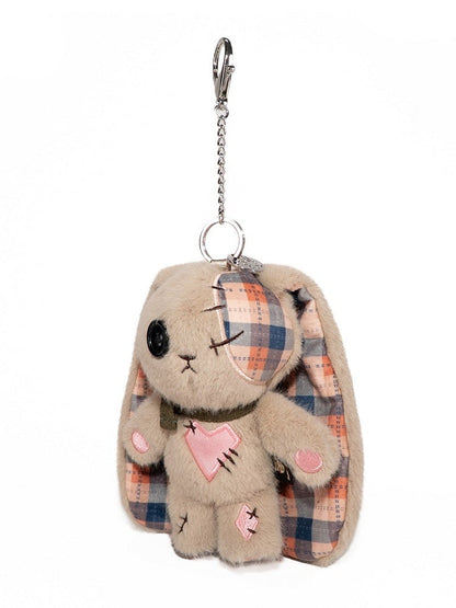 sign Bunny Khaki Heart Details Guro Kawaii - with Keychain Pattern Stitching Plaid