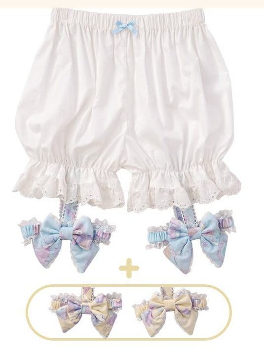 White Lolita Pumpkin Shorts with Removable Blue and Yellow Bow Leg Rings - Vcastle