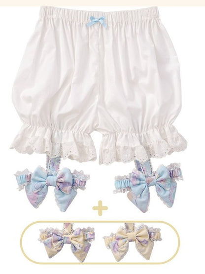 White Lolita Pumpkin Shorts with Removable Blue and Yellow Bow Leg Rings - Vcastle