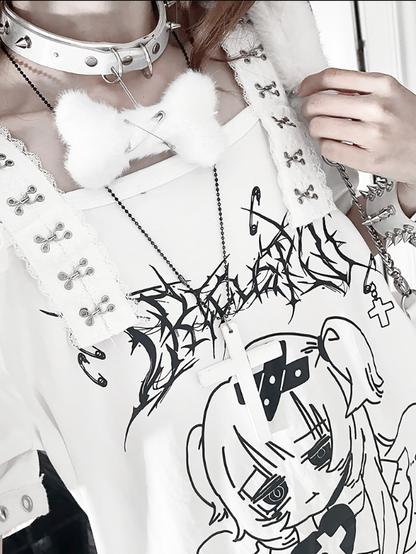 Topwith White Subculture Girl Gothic Anime PrintCross-Buckle Straps Off-Shoulder