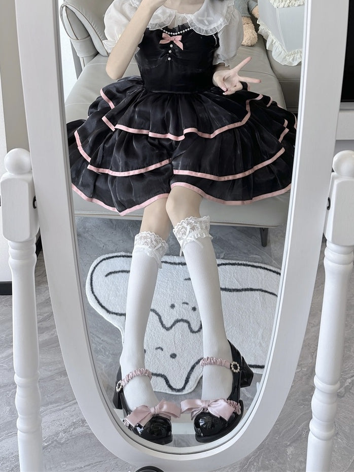 Heel Lolita Beaded Black Trim Ruffle Round - Pink with Buckle Toe PU Mary Sweet Janes Mid