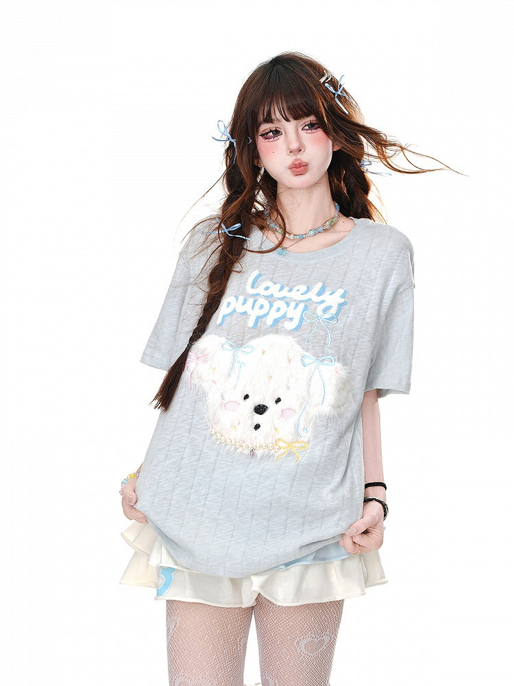 Loose T-Shirt Adorable Plush Puppy Bow Embroidered Blue