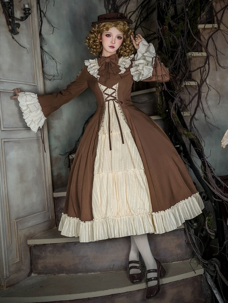 Lolita and Bell Beige Neckline Dress Long Brown Version Ruffle Elegant Sleeves