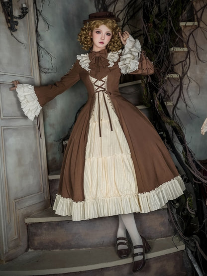 Lolita and Bell Beige Neckline Dress Long Brown Version Ruffle Elegant Sleeves