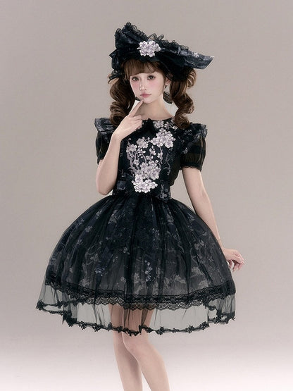 Black Floral Embroidery Flutter Sleeve Lace Trim Lolita Overlay Dress with Bow - Yimu Walnut