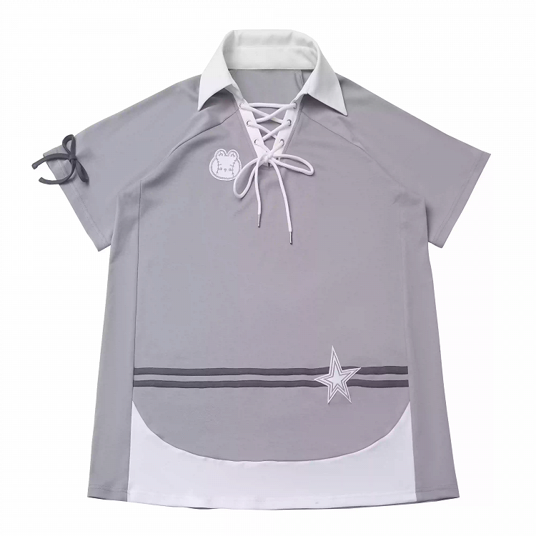 and Neckline Star Gray Lace-up Applique Bunny Dress Loose