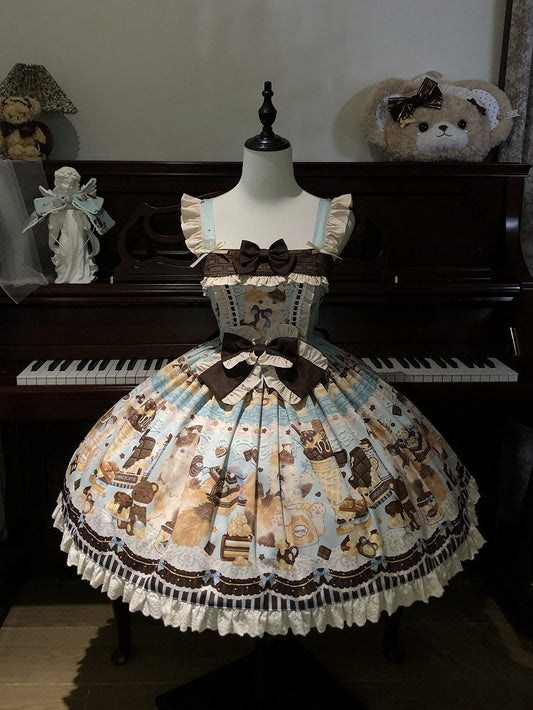 Mint Green Sweet Lolita JSK Dress with Kitty & Chocolate Print - Poetry of Dolls