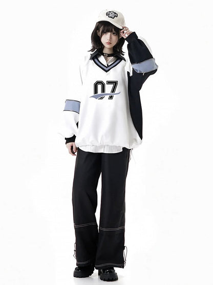 Front Sweatshirt with White Bow V-Neck Numeric Design Regular/Back Baseball-Style