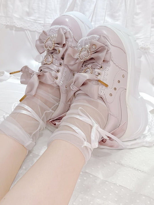 Lace-Up in Jirai Design Kei - Bow Platform Heart Details Shoes with Pink Style Rhinestone Beaded