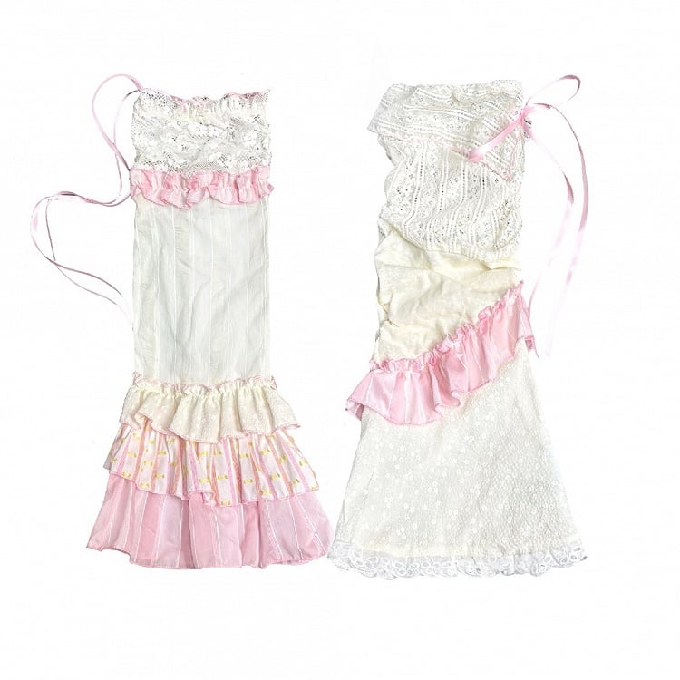 Asymmetrical Warmers Ruffles Leg and Pink with Tiered Lace