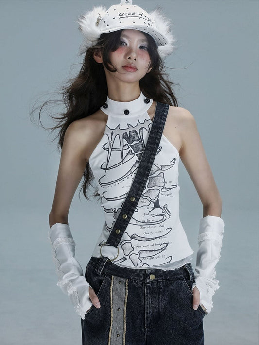 Details Print with Halter Bead Punk White Graphic Spine Top