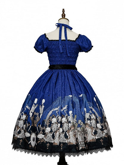 Cross Trim Black Gothic Skeleton Dress and Lace Lolita with Print Blue