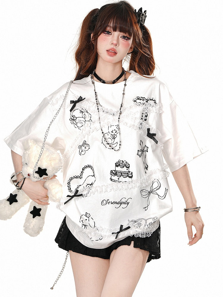 White/Black Cartoon Print Lace Accents Short Sleeves T-Shirt