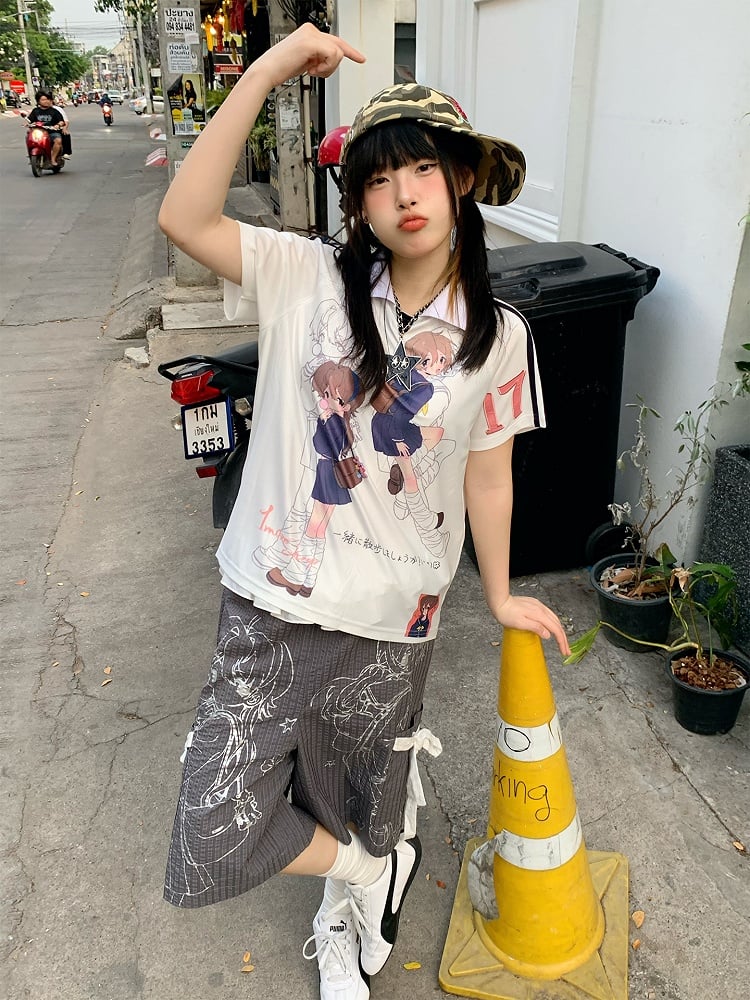 Polo and Cartoon Contrast Shirt Graphic with Stripes White