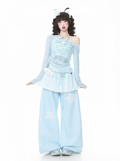 Blue Star Patches Straight Pants with Striped Overlay Detail - Languid Park