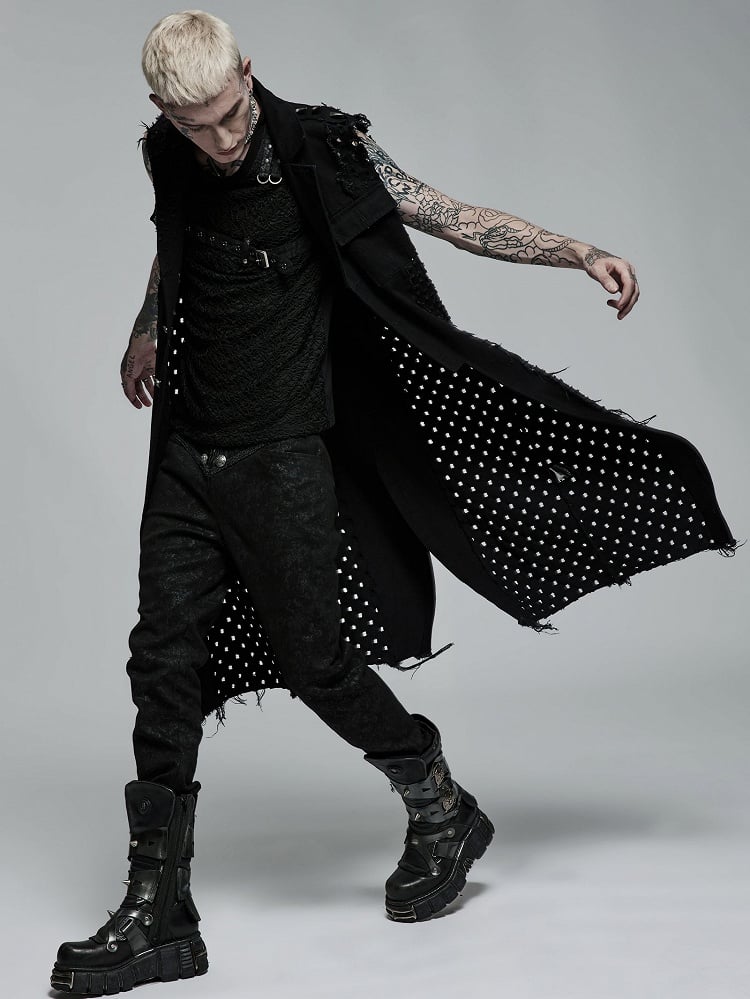 Black Men's Punk Old Medium Length Vest