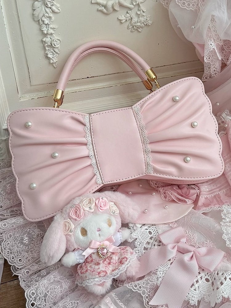 Sweet Lolita Bowknot Bag with Pearls & Lace - Sheep Puff Bag