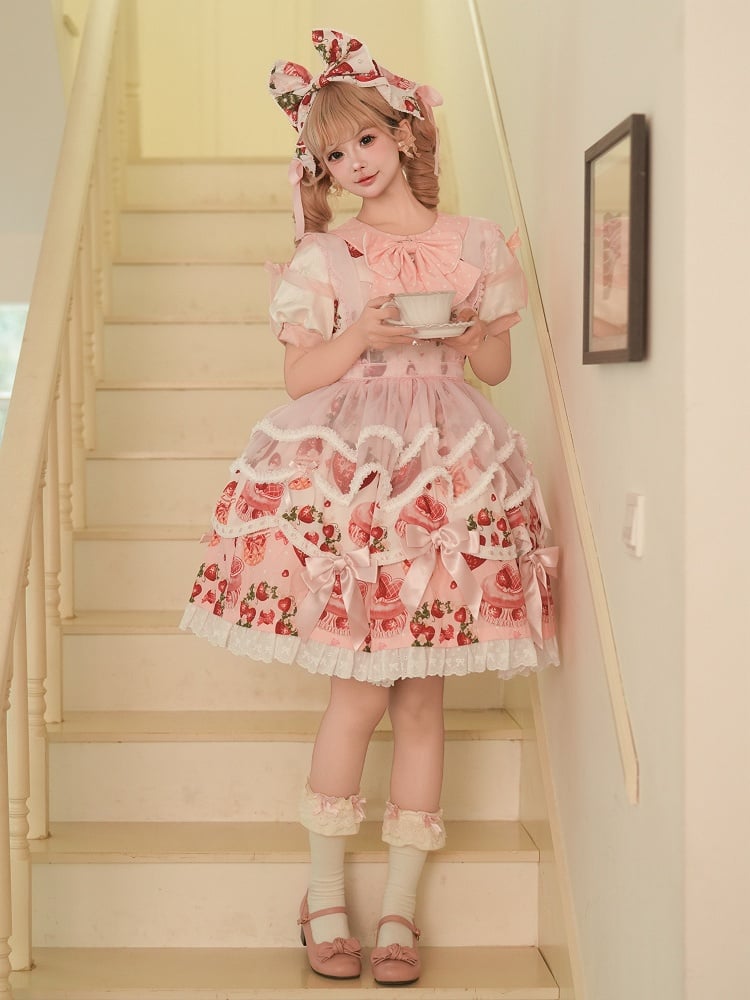 Strawberry Print Pink Sweet Peter Pan Collar Lolita One Piece Full Set