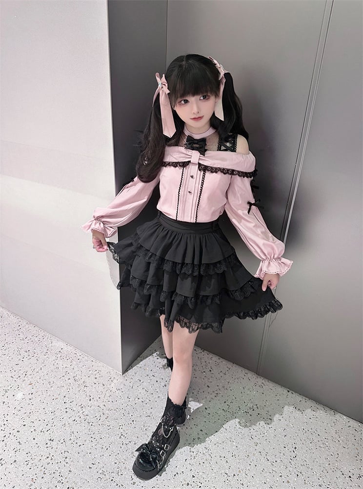with Pink Bow Black Kei Open Blouse Shoulder Details Jirai Neckline Illusion