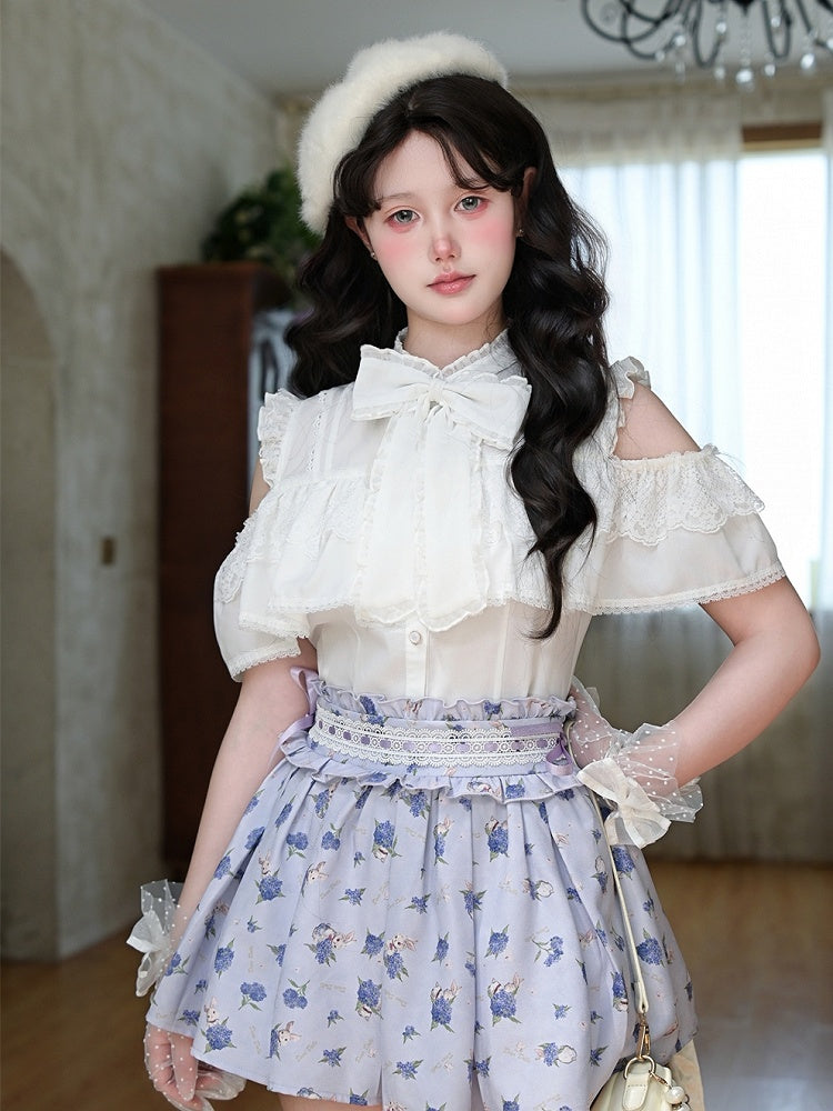 Bow White Open Shoulder Big Neckline Chiffon Blouse