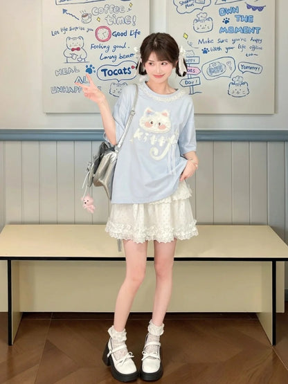 ロング/ショート ラウンドネック プラッシュバージョン ブルー Tシャツ 猫アップリケ