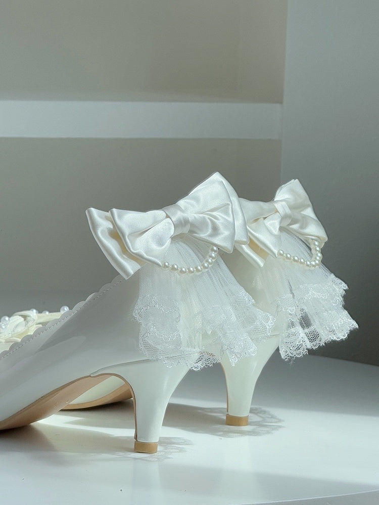White Lolita Beads with Mid-Heel Bow - Scalloped Shoes Shell Elegant Inspired Details Edge