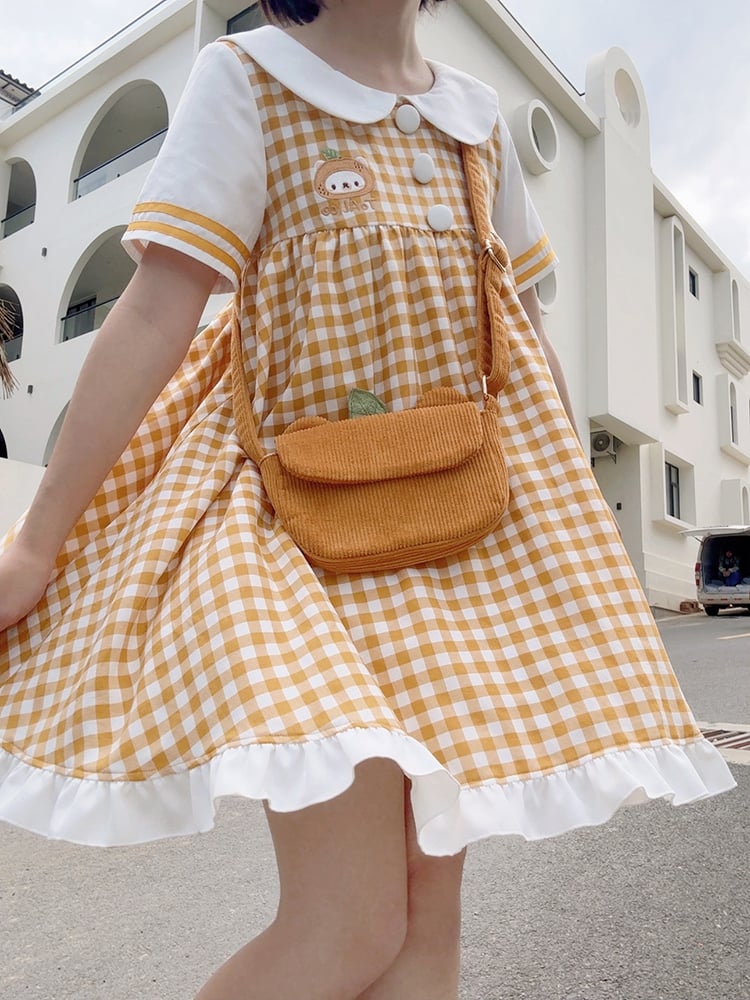 Orange Bear Peter Pan Collar Plaid Short Sleeves Dress