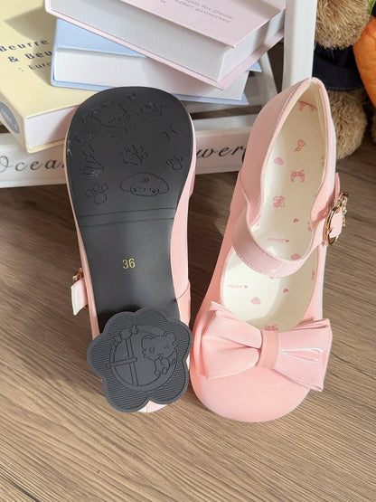 3 Colors Lolita Low Heels Round Toe Shoes with Bow and Metal Buckle Details - Moon Baby Diary