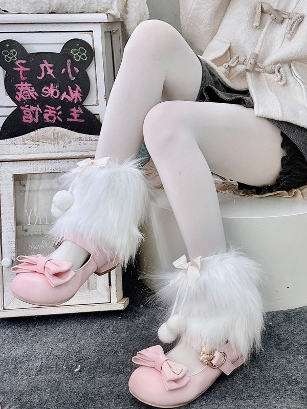 ブラック Y2K フェイクファー 蝶結び レッグウォーマー ポンポン付き