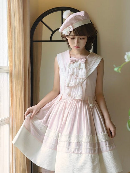 Trims Lolita Accent Beige Pink with Lace Dress and Collar Sailor Bow