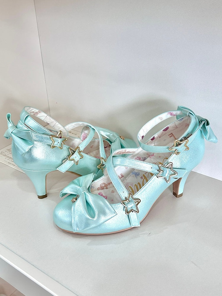 Straps - Sweet 6.5cm Bow Lolita Crisscross with Star Buckle Style Heel Shoes Green Accents